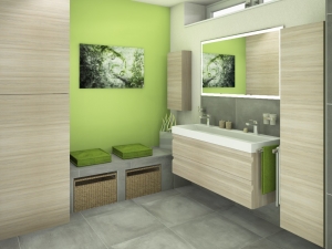 M59 Perspektive Waschtisch mit Sitzbank,  Modernes Bad mit Fliesen in Betonoptik, 3D Highend-Fotorealistik