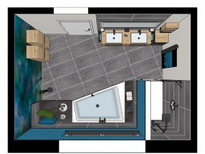M80 Grundriss 3D, Modernes Bad in türkisblau