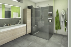 M60 Perspektive Dusche, Modernes Bad mit Fliesen in Betonoptik, 3D Highend-Fotorealistik